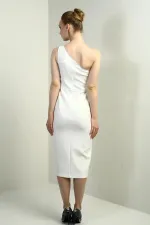 Women's One-Shoulder Crepe Midi Dress with Floral Detail and Front Slit