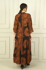 Kadın Önü Yarım Düğmeli Etnik Desenli Fırfırlı Oversize Uzun Elbise