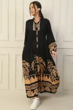 Long, half-buttoned, elasticated sleeve, printed modest dress.