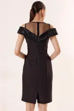 Üst Transparan Tüllü Yakası Pul Payet Elbise