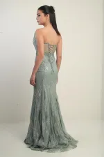 Kadın Boncuk-Taş Detaylı Astarlı Balenli Üstü Transparan Uzun Elbise