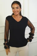 Kadın Ucu 3 Boyut Çiçekli Tül Kol Çilek Bluz