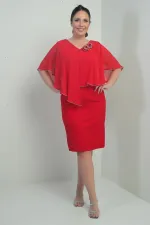 Kadın Ön Arka V Yaka Üstü Şifon Taş Detaylı Güllü Büyük Beden Krep Kısa Elbise