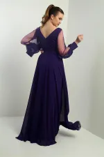 Ön Arka V Yaka Önü Drapeli Kolları Tül Astarlı Geniş Beden Aralıklı Uzun Şifon Elbise