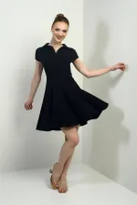 Kadın Polo Yaka Ay Kollu Likralı Kloş Kısa Elbise