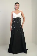 Robe longue évasée sans bretelles en taffetas pour femme avec double épissure de pierre