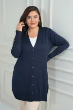 Kadın Kolları Düğme Detaylı Soğuk İplik Büyük Beden Uzun Hırka