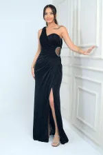 Women's One-Shoulder Side-Seam Draped Lined Lycra Glitter Long Dress