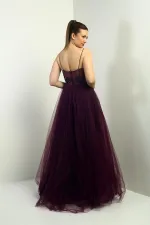 Robe longue princesse doublée à bretelles pour femme, avec buste plissé et ornements de perles