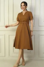 V-Neck Dress with Sleeve Detail and Belted Waist