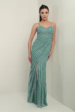 Women's Strappy Flocked Stone Print Lined Tulle Long Dress