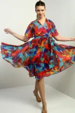 Women's Wrap Neckline Lined Chiffon Rainbow Dress with Belt