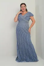 Women's Front and Back V-Neck Stone Print Lined Plus Size Fishtail Dress