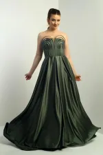 Women's Strapless, Lined, Front Underwire, Flared Long Satin Evening Dress with Pocket