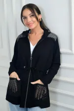 Cardigan Osyho pour femme, à capuche, fermeture éclair sur le devant, détails en maille et ceinture nouée.