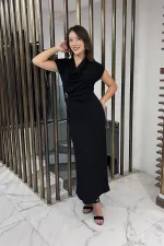 Kadın Degaje Yakalı Toka Detaylı Likralı Uzun Elbise