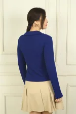 Kadın Polo V Yaka Düğüm Detaylı Likralı Bluz