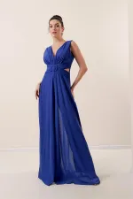 Waist-detailed, front and back V-neck, lined chiffon jumpsuit.