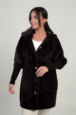 Kadın Kapüşonlu Önü Düğmeli Astarlı Kolları Ribanalı Angora Kaban