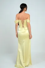 Kadın Straplez Düşük Kollu Astarlı Balenli Saten Uzun Elbise