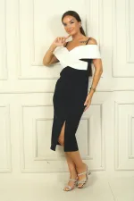 Çizgi İp Askılı Çapraz Yaka Çift Renk Double Kumaş Abiye Elbise