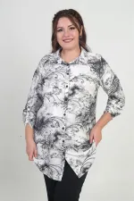 Women's Plus Size Long Shirt with Folded Sleeves and Batik Pattern