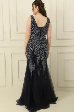 Front and Back V-Neck Stone Embellished Back Tie Lined Plus Size Long Dress