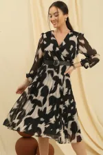 Double-Breasted, Lined, Waist Belted, Pleated Patterned Chiffon Dress