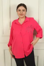 Kadın Kol Katlamalı Taş Detaylı Krep Saten Büyük Beden Gömlek