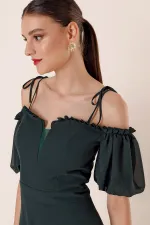 Yakası Pliseli Balon Kollu Uzun Şifon Elbise