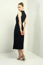 Robe midi en lin à col polo pour femme, ornée d'un pli sur le devant et de boutons.