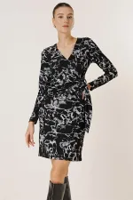 Wrap Neck Buckle Detail Patterned Lycra Dress