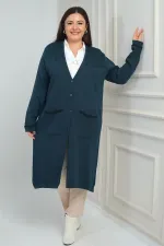 Gilet long en maille grande taille pour femme, avec poches et détails rayés