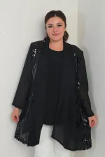 Ensemble 2 pièces pour femme, blouse en lycra à col rond et veste en mousseline à sequins, grandes tailles