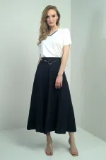 Kadın Bel Aksesuarlı Keten Efekt Parçalı Salaş Uzun Etek