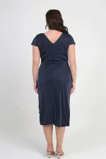 Women's Front Back V Neck Waist Stone Detail Lined Glittery Sandy Fabric Plus Size Midi Dress