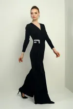 Kadın Kruvaze Yaka Bel Taş Detaylı Uzun Kollu Bol Paça Likralı Tulum