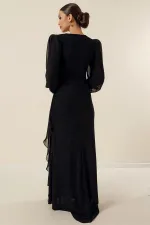 Beli Taş Aksesuarlı Likralı Şifon Detaylı Astarlı Uzun Simli Geniş Beden Aralıklı Elbise