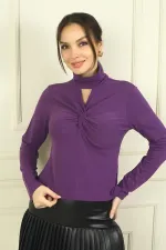 Kadın Önü Pencereli Düğüm Detaylı Likralı Bluz