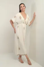 Women's Wrap Neckline Back Lace-Up Embroidered Long Dress