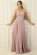 Ön Arka V Yaka Üst Boncuklu Çiçek Motifli Astarlı Uzun Şifon Abiye Elbise