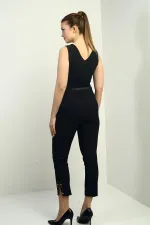 Kadın Beli Kemerli Yandan Cepli Paça Taş Detaylı Pantolon