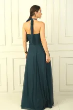 Kadın Boyundan Bağlamalı Taş Baskılı Astarlı Uzun Tül Elbise