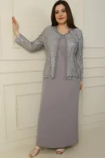 Robe longue à manches demi-lune avec veste en tulle brodée de perles et de sequins, doublée, ensemble deux pièces grande taille