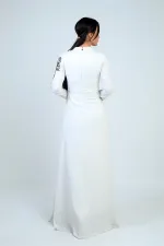 Taş İşlemeli Önü Büzgülü Astarlı Krep Saten Tesettür Elbise