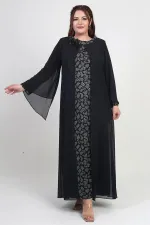 Kadın Üstü Şifon Pelerinli Pul Taş Detaylı Geometrik Desen Likralı B.B. Uzun Elbise