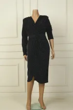 Women's Wrap Collar Belted Lined Embellished Plus Size Midi Dress