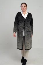 Kadın Karyağdı Desen Cepli Büyük Beden Triko Uzun Hırka