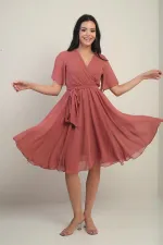 Women's Wrap Neckline Ruffled Sleeve Lined Chiffon Dress