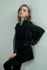 Kadın Organze Taş Boncuk Detaylı Kuşaklı Ceket Bluz 2'li Takım